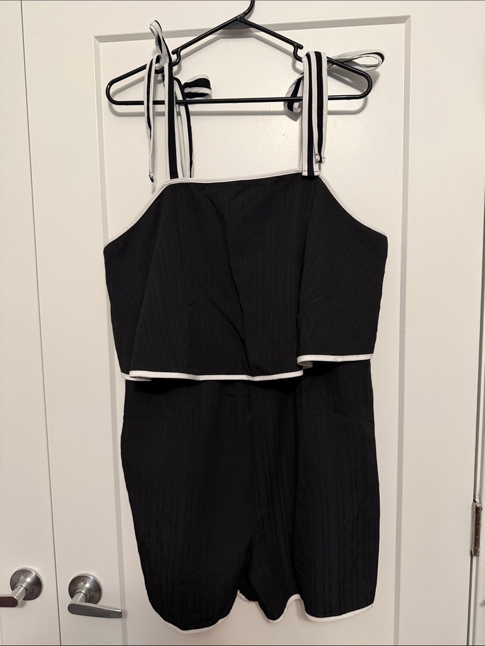 Black Tie-Shoulder Romper with White Trim